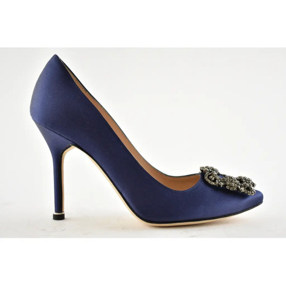 Manolo Blahnik Hangisi 105 Navy Blue Satin Crystal Jewel Buckle Heel Pump 40 - Picture 2 of 12